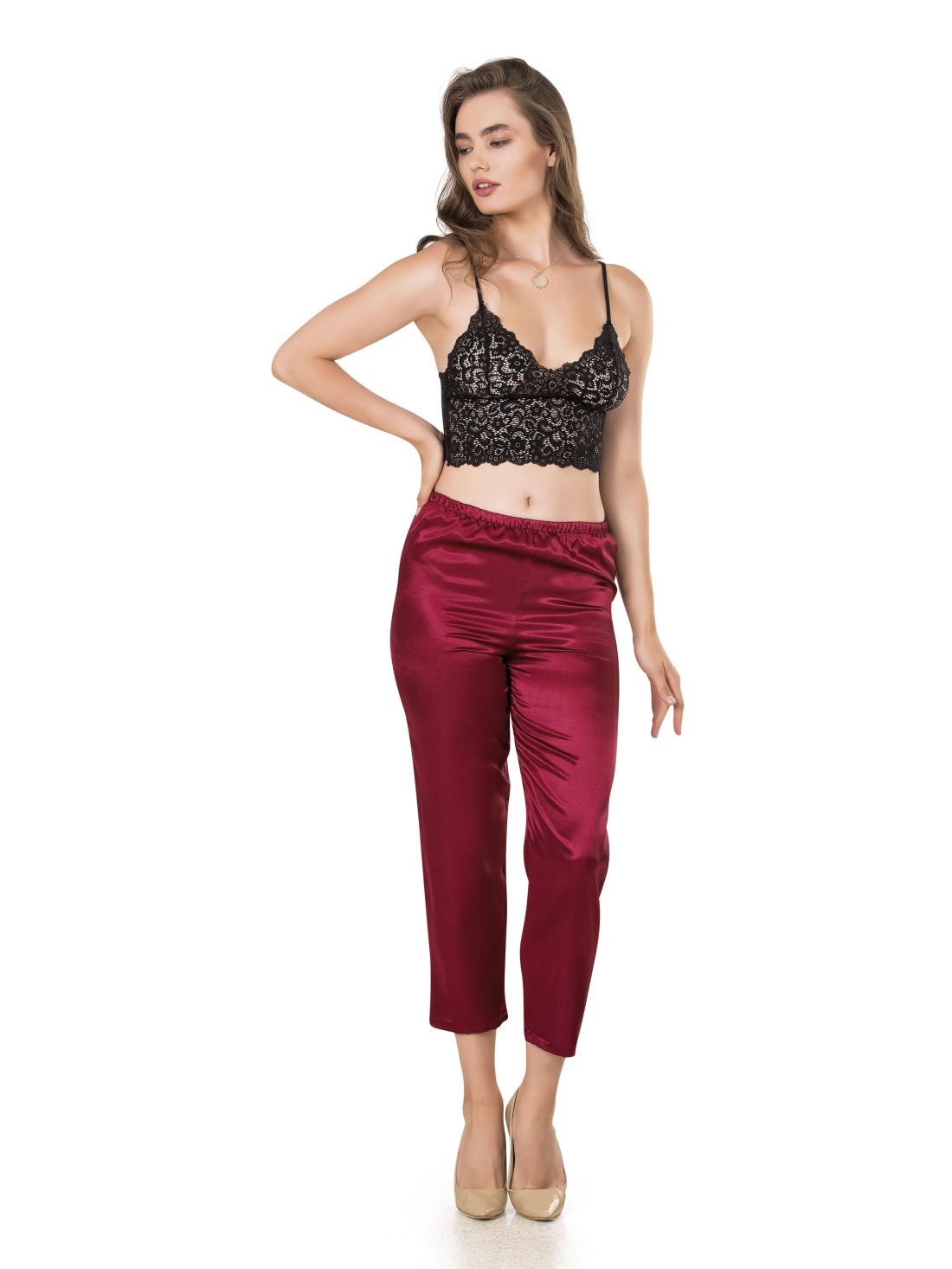 Two-piece pajamas with a lace top, black and burgundy PIZ310 - Online store - Boutique